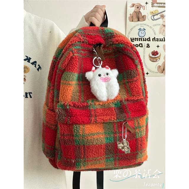 faux Shearling Plaid Backpack / Charm / Set - With White