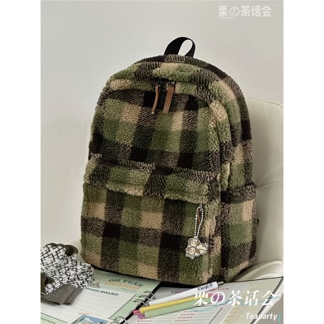 faux Shearling Plaid Backpack / Charm / Set - Without Bag