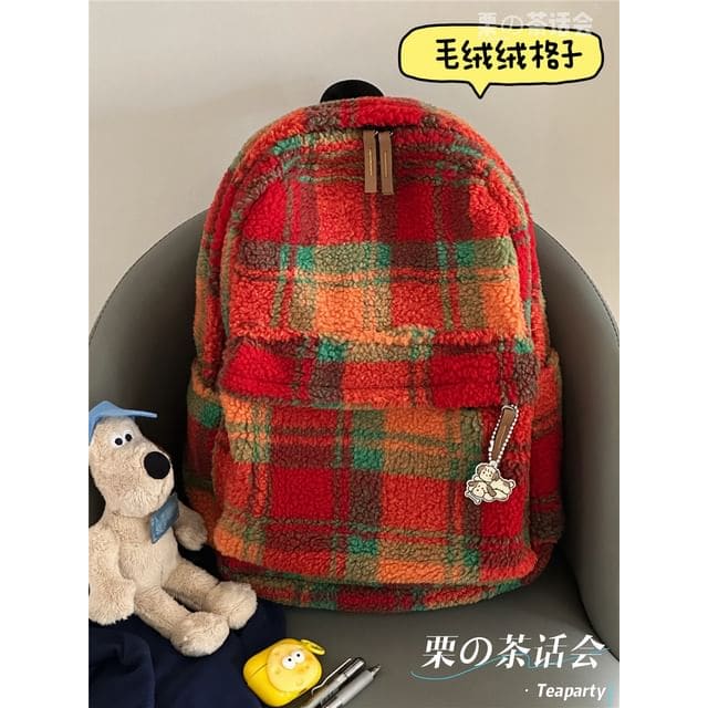 faux Shearling Plaid Backpack / Charm / Set - Without Bag