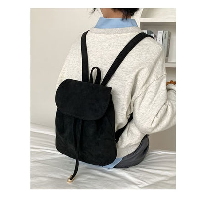 Faux Suede Drawstring Flap Backpack