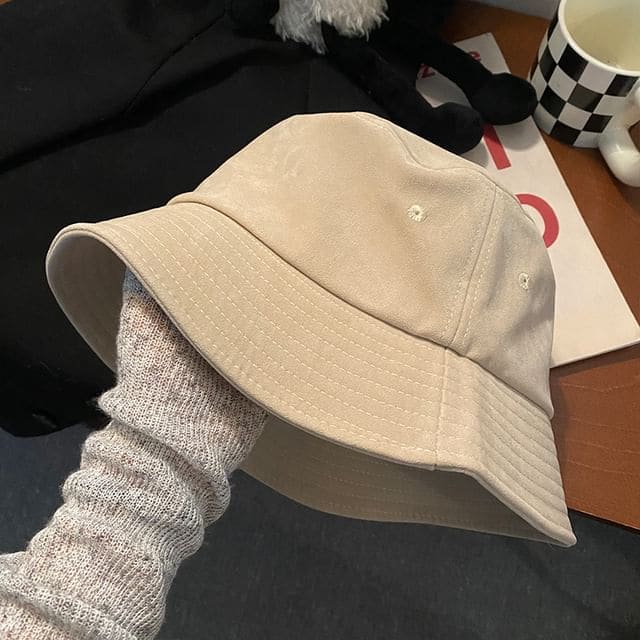 Faux Suede Plain Bucket Hat - Beige / One Size