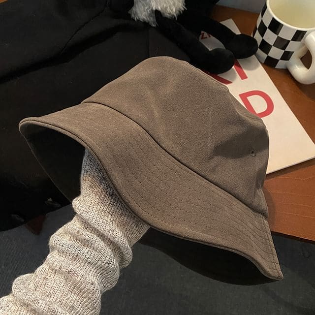 Faux Suede Plain Bucket Hat - Gray / One Size