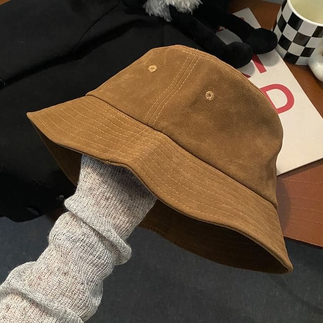 Faux Suede Plain Bucket Hat - Light Brown / One Size