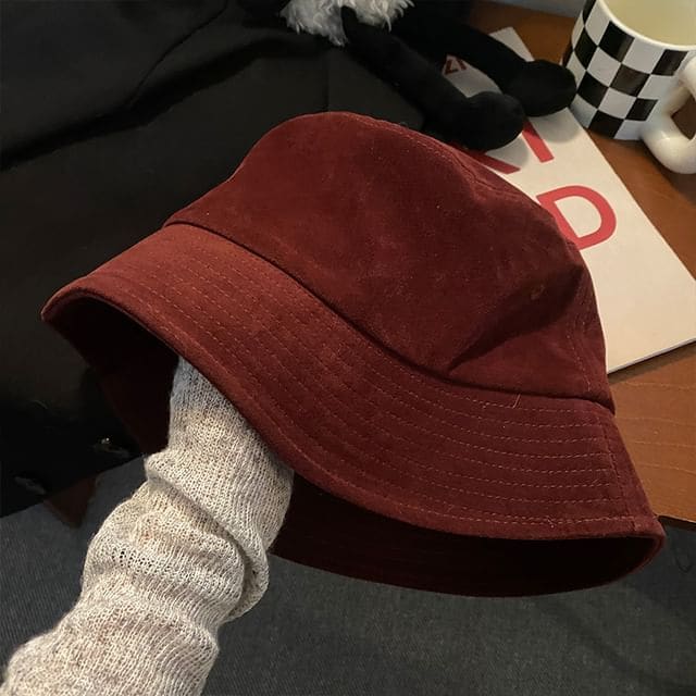 Faux Suede Plain Bucket Hat - Wine Red / One Size