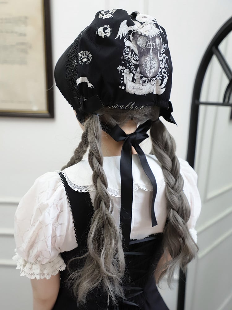Lolita Print Bunny Black Dark Bonnet