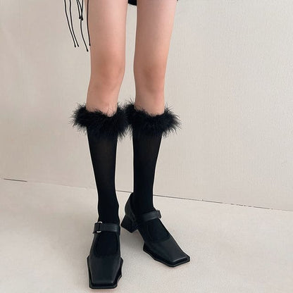 Feather Accent Tall Socks - Black / One Size