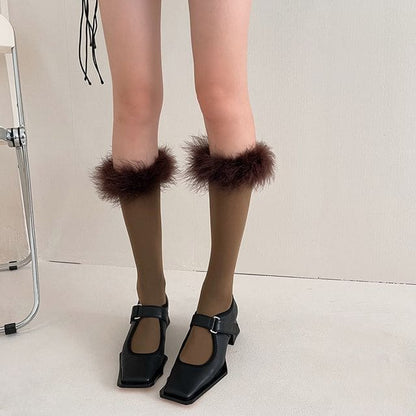 Feather Accent Tall Socks - Brown / One Size