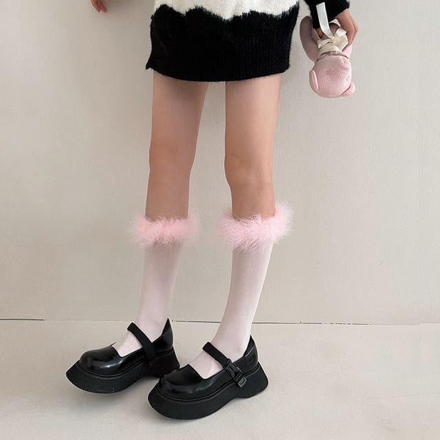 Feather Accent Tall Socks - Pink / One Size