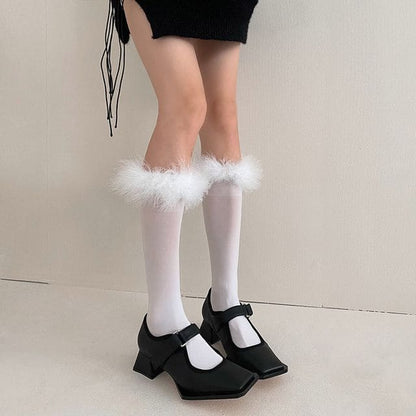 Feather Accent Tall Socks - White / One Size