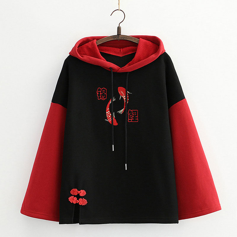 Vintage Red Fish Letter Embroidery Hoodie - Black / One Size