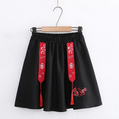 Fish Embroidery Tassels A-line Skirt - Black / One Size