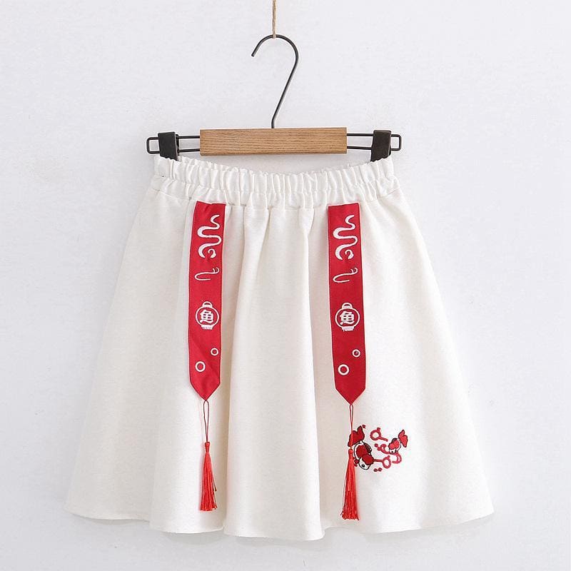 Fish Embroidery Tassels A-line Skirt - White / One Size