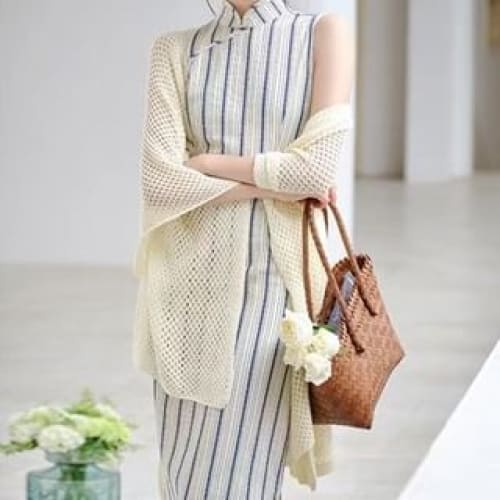 Flared-Sleeve Plain Pointelle Knit Long Cardigan