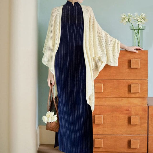 Flared-Sleeve Plain Pointelle Knit Long Cardigan