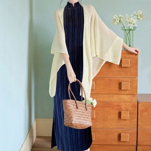 Flared-Sleeve Plain Pointelle Knit Long Cardigan