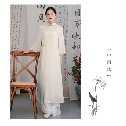 Flared-Sleeve Two Tone Maxi Hanfu Dress / Mid Rise Plain