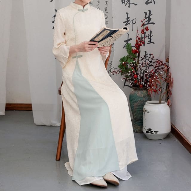 Flared-Sleeve Two Tone Maxi Hanfu Dress / Mid Rise Plain