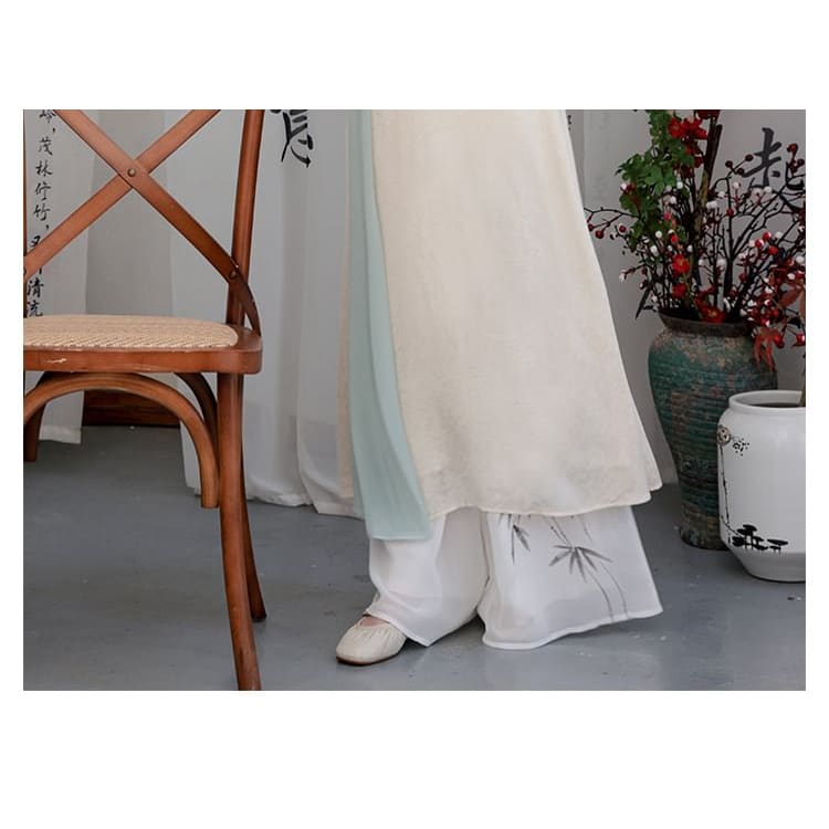 Flared-Sleeve Two Tone Maxi Hanfu Dress / Mid Rise Plain