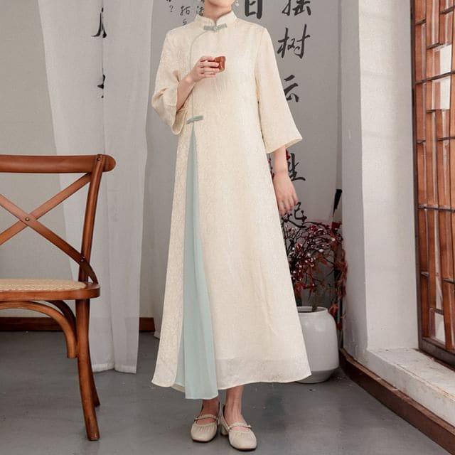 Flared-Sleeve Two Tone Maxi Hanfu Dress / Mid Rise Plain