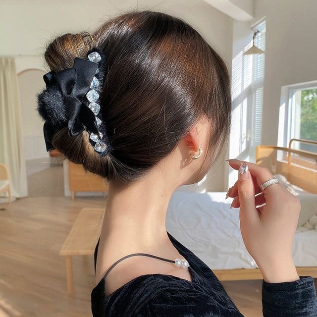 Fleece Bow Hair Claw - 02# - Black / One Size