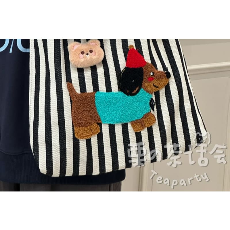 Fleece Dog Striped Canvas Tote Bag