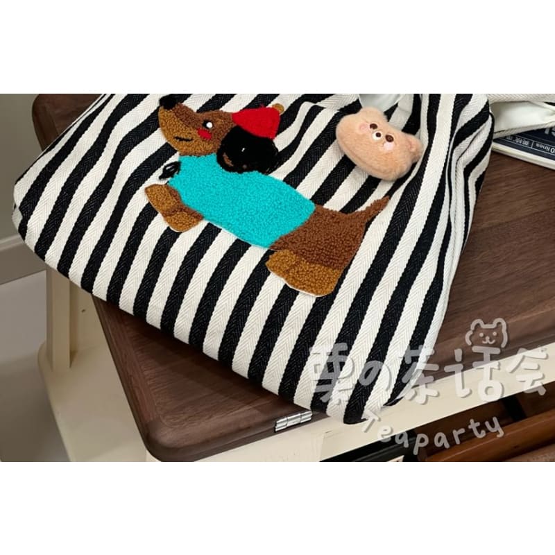 Fleece Dog Striped Canvas Tote Bag