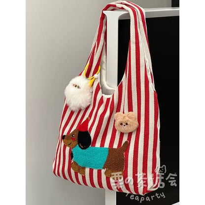 Fleece Dog Striped Canvas Tote Bag - With Ball Charm