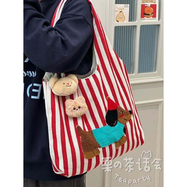 Fleece Dog Striped Canvas Tote Bag - With Bear Charm