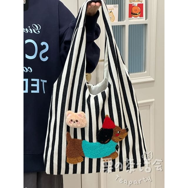 Fleece Dog Striped Canvas Tote Bag - Without Charm - Stripe