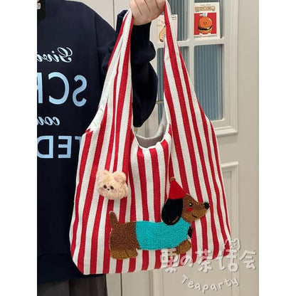 Fleece Dog Striped Canvas Tote Bag - Without Charm - Stripe