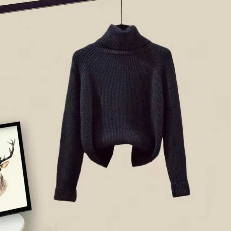 Fleece Hooded Coat Turtleneck Sweater Casual Pants - Black