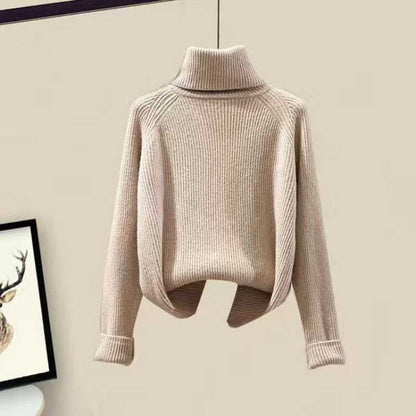 Fleece Hooded Coat Turtleneck Sweater Casual Pants - Khaki