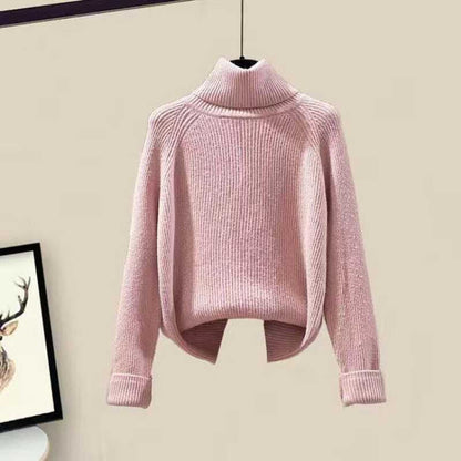 Fleece Hooded Coat Turtleneck Sweater Casual Pants - Pink