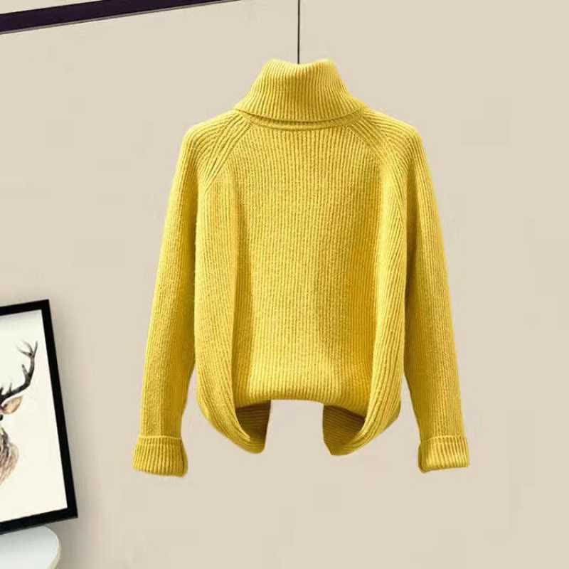 Fleece Hooded Coat Turtleneck Sweater Casual Pants - Yellow