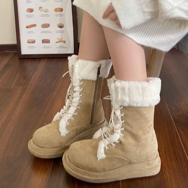 Fleece Lined Lace Up Mid Calf Boots