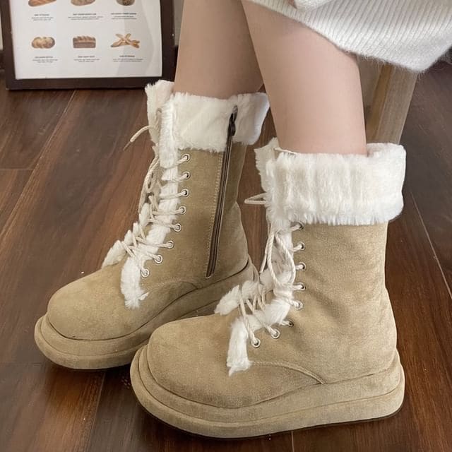 Fleece Lined Lace Up Mid Calf Boots