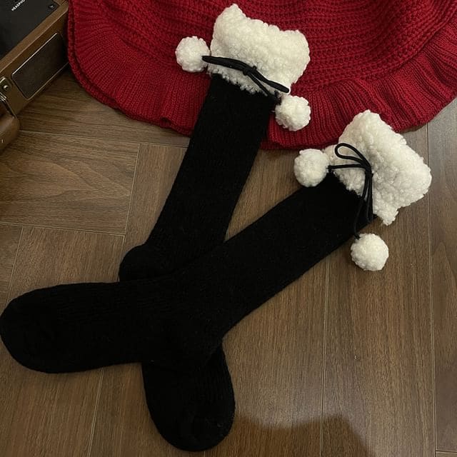 Fleece Lined Pom Pom Leg Warmer - Black / One Size