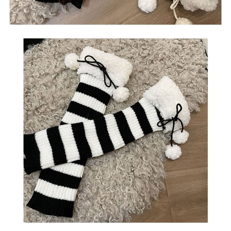 Fleece Trim Striped Knit Leg Warmers