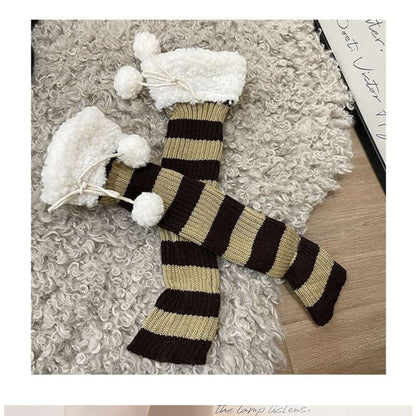 Fleece Trim Striped Knit Leg Warmers