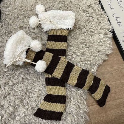 Fleece Trim Striped Knit Leg Warmers - Brown / One Size