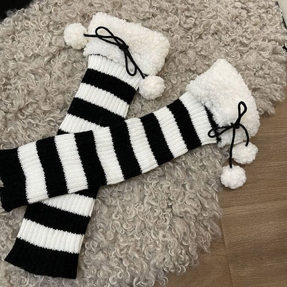 Fleece Trim Striped Knit Leg Warmers - White / One Size