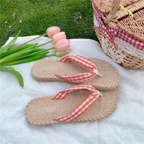 Flip Flops - One Size Smaller - Plaid - Tangerine Red / 36