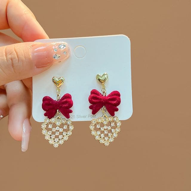 Flocking Bow Alloy Dangle Earring - E2756-1 - 1 Pair - Red