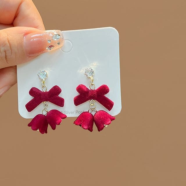 Flocking Bow Alloy Dangle Earring - E2756-6 - 1 Pair - Red