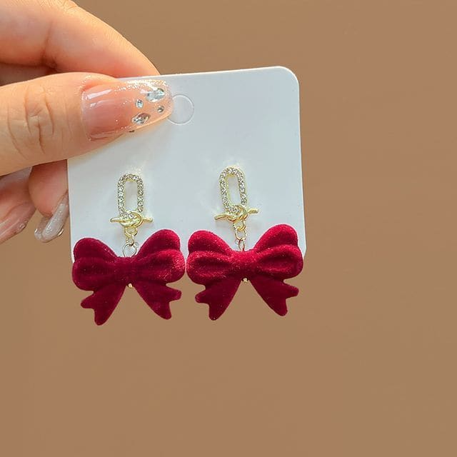 Flocking Bow Alloy Dangle Earring - E2756-7 - 1 Pair - Red