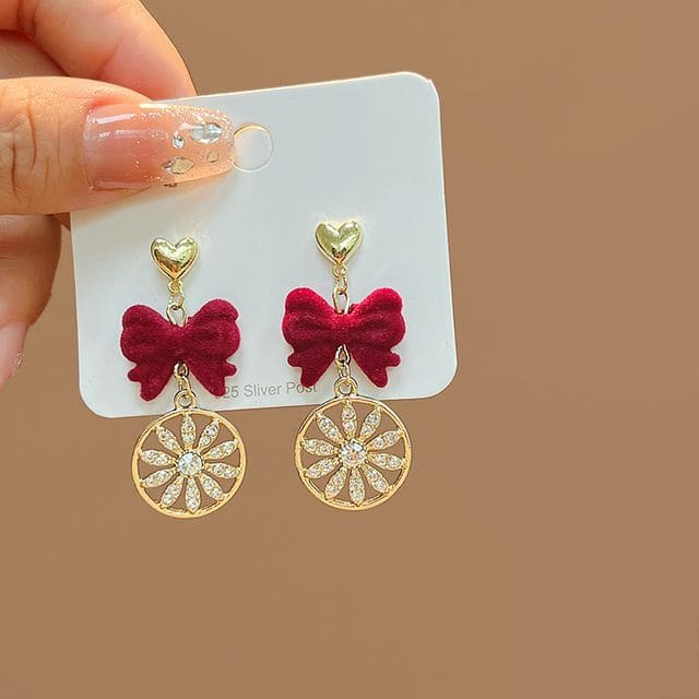 Flocking Bow Alloy Dangle Earring - E2756-9 - 1 Pair - Red