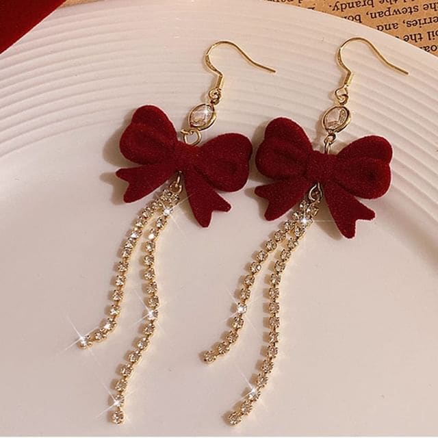 Flocking Bow Rhinestone Alloy Threader Earring - 1 Pair