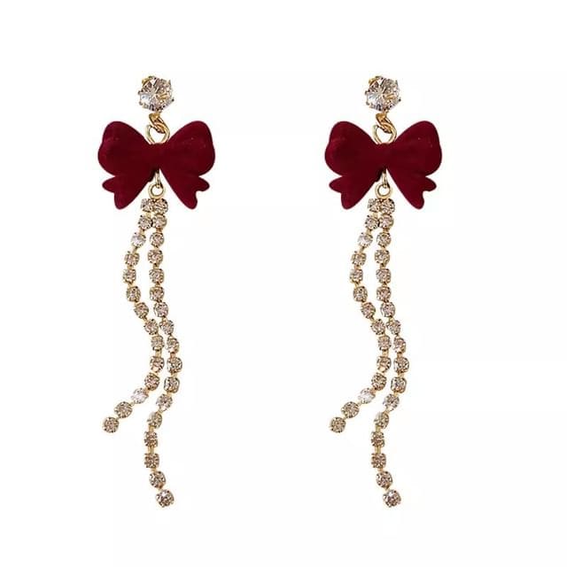 Flocking Bow Rhinestone Alloy Threader Earring - 1 Pair