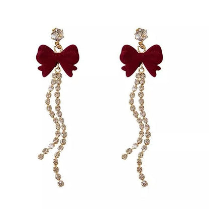 Flocking Bow Rhinestone Alloy Threader Earring - 1 Pair