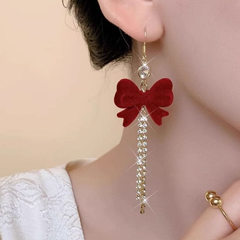 Flocking Bow Rhinestone Alloy Threader Earring